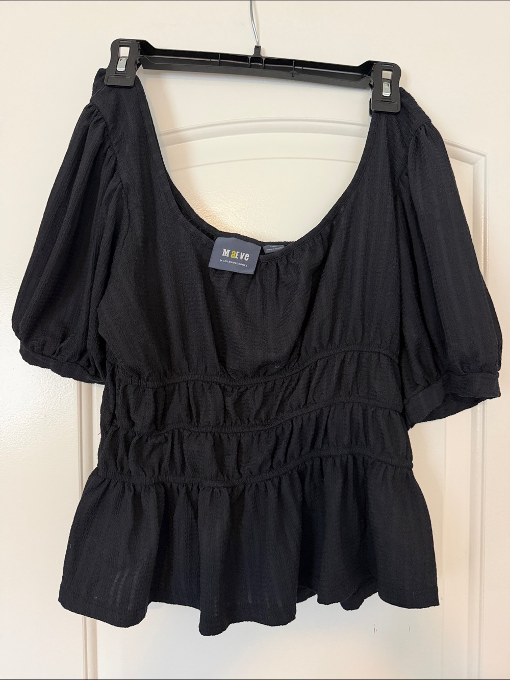 Maeve Black Puff-Sleeve Peplum Blouse